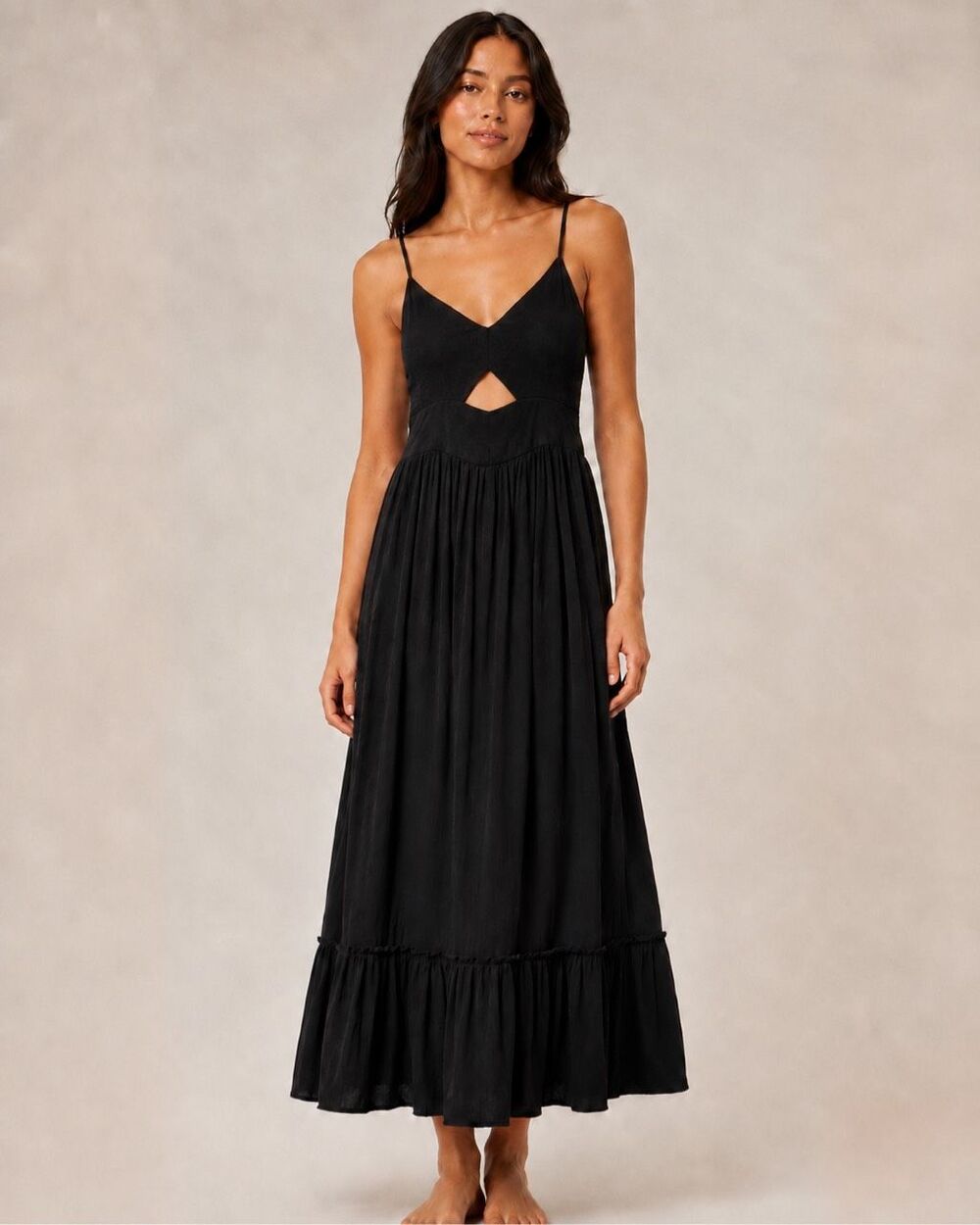 Aerie Black Smocked Cutout Maxi Dress Size M Spaghetti Strap Tiered Boho Goth